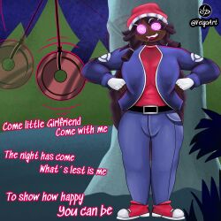  beanie chicken_pose clothed dark_skin drool friday_night_funkin' girlfriend_(friday_night_funkin') happy_trance hypno hypnotic_eyes lullaby_girlfriend nintendo pendulum pokemon pokemon_(creature) text veigoarts 
