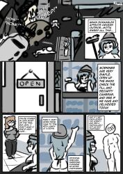 blue_hair brain_dead_retail_(series) chloe_(kilroylucy18) comic dialogue humor kilroylucy18 naked_apron nessi_(kilroylucy18) original outdoors tagme tech_control text 