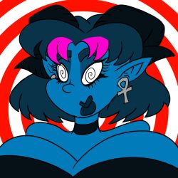 blue_hair blue_skin breasts critical_role elf_ears female_only femsub happy_trance huge_breasts jester_(critical_role) multicolored_hair punk short_hair spiral_eyes symbol_in_eyes western zombifier