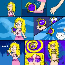 absurdres before_and_after blonde_hair comic female_only femsub happy_trance harem_outfit hypnotic_eyes original pocket_watch princess princess_caelia_(kachopper9) shyker spiral_eyes symbol_in_eyes