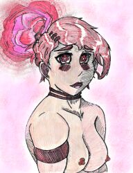 arm_bands blush breasts choker femsub hypnotic_flower hypnotic_plant open_mouth original pheromones plant red_hair roseworks symbol_in_eyes topless traditional