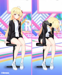 absurdres androgynous_dom blonde_hair clothed dazed femsub flat_chest hololive kanade_otonose kronobas28 long_hair phantom_hand red_eyes shoes shorts sitting sleep_command sleeping smile socks sportswear stage_hypnosis t-shirt virtual_youtuber 