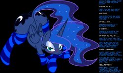 absurdres animals_only blush caption femdom hooves horns horse horse_girl hwd171_(manipper) hypnotic_ass long_hair looking_at_viewer manip multicolored_hair my_little_pony non-human_feet pov pov_sub princess_luna socks text unicorn western wings