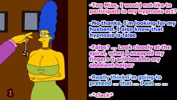 alezgamerxd blue_hair bottomless breasts cleavage dialogue femsub marge_simpson pendulum pocket_watch remote_control spiral tech_control text the_simpsons yellow_skin