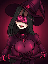  barcode black_hair bodysuit breasts cleavage collar corruption drone dungeons_and_dragons female_only femsub groping happy_trance hat hypnotic_accessory jewelry large_breasts latex long_hair mina_morgan_(somebodyiusedtohypno) necklace open_mouth original porniky smile spiral tech_control visor witch witch_hat 