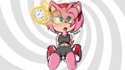 amy_rose breasts empty_eyes expressionless female_only femsub furry hedgehog_girl kneeling large_breasts midriff open_mouth pendulum pocket_watch short_shorts solo sonic_the_hedgehog_(series) tank_top tongue tongue_out xivety