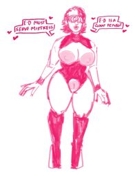  bimbofication bracelet breasts crotch_cutout dialogue exposed_chest female_only fembot femdom femsub heart high_heels large_breasts large_nipples monochrome nipples short_hair simple_background sketch smile speech_bubble spiral standing tech_control text visor 
