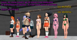 3d black_hair blonde_hair blue_hair bobboxbody cheerleader collar femdom femsub green_hair himiko_toga itsuka_kendo kyoka_jiro long_hair mina_ashido momo_yaoyorozu my_hero_academia nejire_hado ochaco_uraraka orange_hair pink_hair pink_skin school_uniform short_hair swimsuit text tsuyu_asui