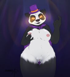 bottomless breasts cape draekos female_only femdom furry hat holding_breasts hypnotic_eyes nude panda_girl spiral_eyes symbol_in_eyes top_hat topless