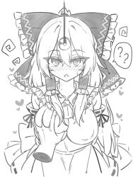 blush bow breast_grab breasts coin confused erect_nipples_under_clothes eyebrows_visible_through_hair femsub greyscale groping hair_ribbon large_breasts large_nipples monochrome open_mouth pendulum phantom_hand reimu_hakurei ribbon shrine_maiden speech_bubble spiral spiral_eyes sweat symbol_in_eyes touhou txtxt