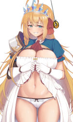  absurdres ahoge armor blush breasts cameltoe cleavage coin crown dress dress_lift empty_eyes female_only femsub gloves happy_trance huge_breasts jewelry large_hips long_hair looking_at_viewer manip misterman4_(manipper) orange_hair panties pecorine pendulum period_(anony_83) princess_connect!_re_dive smile tagme underwear 