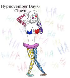  body_paint breasts clothed_exposure clown clown_girl clownification eve_(poppetkisses) femsub hypnovember knees_together laughing original sage_of_shadows 