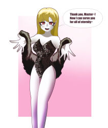  blonde_hair breasts cleavage dialogue elf_ears emi_(izanagistruth) eyebrows_visible_through_hair eyelashes eyeshadow fangs female_only femsub happy_trance kronobas28 leotard long_hair makeup male_pov maledom monster_girl open_mouth original pov pov_dom red_eyes smile solo text vampire white_skin 