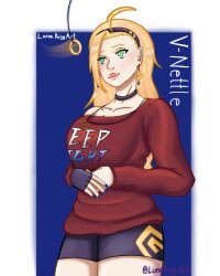  blonde_hair choker earrings empty_eyes female_only femsub green_eyes headband luna_king mole original pendulum signature simple_background solo sweater v-nettle_(nettleseeds) 