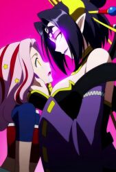 ai_art black_hair digimon drool empty_eyes facial_markings femdom femsub glowing_eyes hair_ornament happy_trance hellsing002_(generator) lilithmon lipstick mimi_tachikawa pink_hair purple_eyes red_hair tagme video
