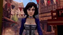  3d animated animated_gif bioshock_infinite black_hair breasts clothed elizabeth_comstock female_only femdom femsub happy_trance hypnotized_dom hypnotized_hypnotist large_breasts open_mouth short_hair smile text tongue vynil 