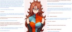 accidental_hypnosis android_21 brown_hair caption dragon_ball dragon_ball_fighterz dragon_ball_z femsub glasses looking_at_viewer manip orgasm orgasm_command pink_background sakutarou_(manipper) tagme text
