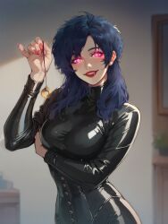 ai_art blue_hair blush bodysuit breast_press corset femdom glowing_eyes latex lipstick lizzytzee long_hair looking_at_viewer nail_polish pendulum pink_eyes red_lipstick rubber smile tight_clothing