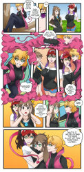  absurdres azmidiot blonde_hair bracelet brown_eyes brown_hair clothed comic cosplay crossed_legs dialogue elaine_(pokemon_let&#039;s_go) female_only femdom femsub gemna_(mezz+pokemongirl) green_(pokemon) hand_on_hip happy_trance hat horns kaa&#039;lin kaa_eyes lipstick makeup multiple_girls nintendo original outdoors pokemon purple_lipstick resisting ring_eyes shirt shorts simple_background sitting speech_bubble standing succubus tagme tank_top text 