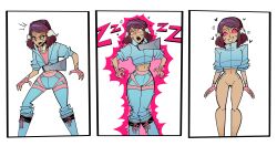  4five1 absurdres ahegao bare_legs bottomless comic dazed dialogue drool female_only femsub final_fantasy final_fantasy_xiv heart hypnotic_clothing jacket open_mouth original phantom_hand pussy short_hair spiral spiralwash_eyes trembling white_background zipper 