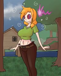  alex_(minecraft) clothed collarbone crop_top dazed female_only femsub forest happy_trance kaa_eyes large_breasts long_hair midriff minecraft mythkaz orange_hair outdoors pants red_eyes ring_eyes shirt solo sparkle spiral standing tagme 