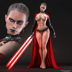  3d abs absurdres barefoot belt black_hair blue_lipstick bottomless breasts collar corruption earrings expressionless feet jewelry large_breasts lemon3d lightsaber lipstick nude red_eyes rey_(star_wars) short_hair standing star_wars text thighhighs topless 
