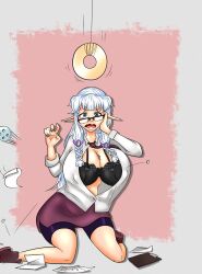  bra breasts collar elf elf_ears femsub fuyumi_lyriel_(hypnotico) glasses huge_breasts hypnotico large_breasts open_clothes open_shirt pendulum simple_background skirt tagme white_hair 