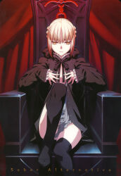  blonde_hair corruption empty_eyes expressionless fate/stay_night fate_(series) femsub saber saber_alter sitting yellow_eyes 