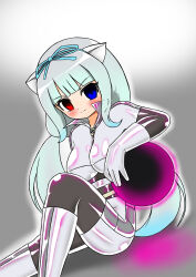 barukkusu blue_eyes blue_hair blush bodysuit boots breasts cat_ears empty_eyes fake_animal_ears female_only femsub gloves glowing_eyes gradient_background grey_background heterochromia latex long_hair looking_at_viewer orb red_eyes ribbon rubber simple_background sitting smile solo thigh_boots thighhighs very_long_hair zipper 