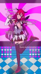 absurdres bare_shoulders blue_eyes clothed dazed drool elf_ears empty_eyes esbypno female_only femsub heterochromia hololive hololive_english horns irys_(hololive) long_hair open_mouth pink_eyes posing red_hair solo spiral_eyes standing text virtual_youtuber wings