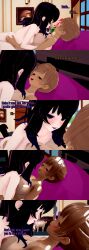 absurdres black_hair brown_eyes brown_hair dialogue english_text femsub futanari kissing long_hair ophelia's_dollhouse ophelia_(ophelia's_dollhouse) petrification ponytail purple_eyes statue tan_lines tan_skin text zenin1