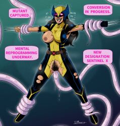 armpit_hair black_hair breasts breath drool enemy_conversion english_text exposed_chest glowing_eyes laura_kinney marvel_comics mask pink_eyes polmanning pubic_hair red_lipstick sex super_hero tech_control tentacle_sex tentacles text tongue_out torn_clothes x-23 x-men