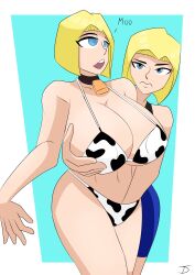 absurdres android_18 blonde_hair breasts collar cow_girl cowbell dragon_ball dragon_ball_z empty_eyes female_only femsub happy_trance huge_breasts large_breasts open_mouth short_hair text the_us_doctor