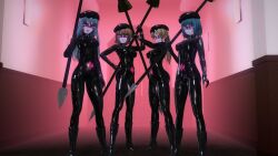 3d bangs beret black_lipstick blonde_hair blue_eyes blue_skin bodysuit boots breasts brown_hair collar crotch_tattoo cuffs custom_maid_3d_2 face_paint female_only femsub glasses gloves glowing_eyes hand_on_hip hat latex li_q lipstick long_hair looking_at_viewer multicolored_eyes multiple_girls multiple_subs original pink_eyes ponytail purple_eyes rubber short_hair smile standing tight_clothing weapon yellow_eyes