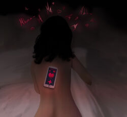 bed black_hair bottomless cell_phone female_only femsub heart hypnotic_app long_hair maledom neroro nude original phone sex tech_control topless