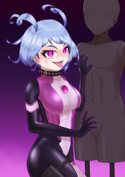  alternate_color_scheme blue_hair bodysuit collar corruption empty_eyes evil_smile female_only femsub latex looking_at_viewer makeup mannequin my_hero_academia nejire_hado short_hair simple_background slit_pupils smile solo tongue_out yamimochi 