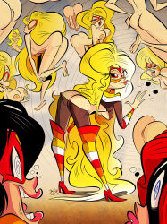  ass blonde_hair bodysuit boots bottomless breasts brown_hair female_only femdom femsub happy_trance hypnotia iron_man_(tv_series) long_hair marvel_comics mask nude red_hair short_hair spider-woman spiral_eyes super_hero symbol_in_eyes themrock thigh_boots topless underboob western 