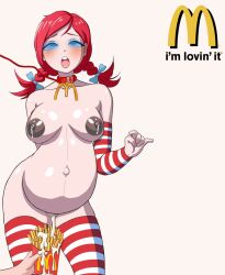 ahegao blue_eyes blush bottomless braid breasts collar cum emblem eye_roll f-mn_(manipper) femsub food glowing glowing_eyes gomzai lactation large_breasts manip mcdonald&#039;s navel nipples nude open_mouth pregnant pussy pussy_juice simple_background standing text thighhighs tongue topless twin_braids wendy&#039;s wendy_(wendy&#039;s)