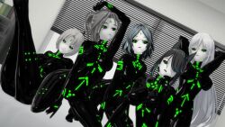  3d black_sclera body_markings bodysuit choker complex_background crystal dog_ears drone earrings female_only femsub flower flower_in_hair glasses glowing_eyes green_eyes koikatsu! latex lipstick long_hair milena milena_(milena) monochrome multiple_girls multiple_subs original posing servile short_hair symbol_in_eyes wolf_girl 