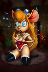 14-bis absurdres blonde_hair breasts chip_n_dale_rescue_rangers christmas expressionless femsub furry gadget_hackwrench goggles goggles_on_head holly hypnotic_audio hypnotic_music kneeling large_breasts long_hair mouse_girl open_mouth santa_costume spiral_eyes symbol_in_eyes