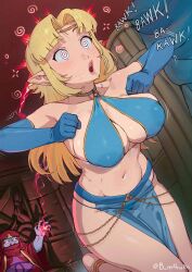 a_link_to_the_past agahnim anklet blonde_hair blush chicken_pose drool elf_ears femsub gloves glowing_eyes harem_outfit large_breasts long_hair m4ns0n magic maledom midriff navel nintendo open_mouth opera_gloves pet_play princess princess_zelda ring_eyes the_legend_of_zelda