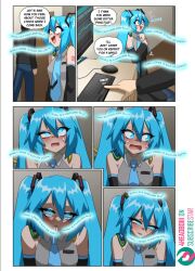  4headboiii blue_hair blush comic computer drool embarrassed empty_eyes femsub hypnotic_music maledom mantra miku_hatsune sweat tagme tech_control text tie twintails vocaloid 