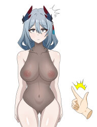  blue_hair breasts clothed clothed_exposure deepwater femsub finger_snap hanya honkai_star_rail maledom see-through standing trance_break white_eyes 