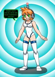  antenna boots breasts erect_nipples female_only fembot femsub happy_trance headphones hypnotic_accessory large_breasts latex leotard misty nintendo orange_hair pokemon pokemon_heartgold_and_soulsilver robotization short_hair smile solo spiral_eyes supertechno324 symbol_in_eyes tech_control text thigh_boots 