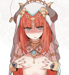  bangs blue_eyes blush breast_fondling breasts_outside coin exposed_chest expressionless eyebrows_visible_through_hair female_only femsub genshin_impact headdress holding_breasts looking_at_viewer nilou_(genshin_impact) nns_(sobchan) open_clothes open_mouth pendulum red_hair solo spiral spiral_background spiral_eyes sweat 