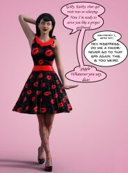 3d alternate_costume dialogue dress female_only femsub fishnets happy_trance high_heels kathy_(theheckle) kisstress_(theheckle) original pink_eyes solo stepfordization text theheckle