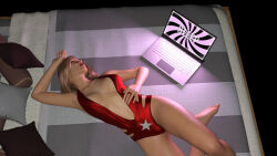 3d absurdres aella_(amazonarrow) amazonarrow arms_above_head bare_shoulders barefoot blonde_hair cleavage computer female_only femsub large_breasts navel original preview red_lipstick short_hair sleeping solo super_hero tech_control