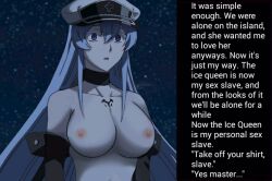 akame_ga_kill! blue_eyes blue_hair breasts caption empty_eyes esdeath expressionless femsub gloves large_breasts long_hair manip open_mouth tattoo text topless