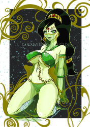 black_hair breasts disney empty_eyes erect_nipples female_only femsub happy_trance harem_outfit hypnotic_accessory kim_possible_(series) kneeling large_breasts long_hair lychee-soda microchip ring_eyes see-through shego solo spiral tech_control veil western