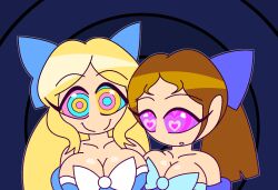  aged_up alice alice_in_wonderland alternate_costume androgynous_dom bare_shoulders blonde_hair bow breasts brown_hair cleavage collarbone crossover disney eyebrows_visible_through_hair eyelashes female_only femsub happy_trance harem_outfit heart_eyes hypnoscream kaa_eyes large_breasts long_hair looking_at_viewer love multicolored_eyes multiple_girls multiple_subs open_mouth peter_pan_(movie) ponytail pov_dom ring_background ring_eyes shiny_hair shiny_skin simple_background smile tagme wendy_darling 